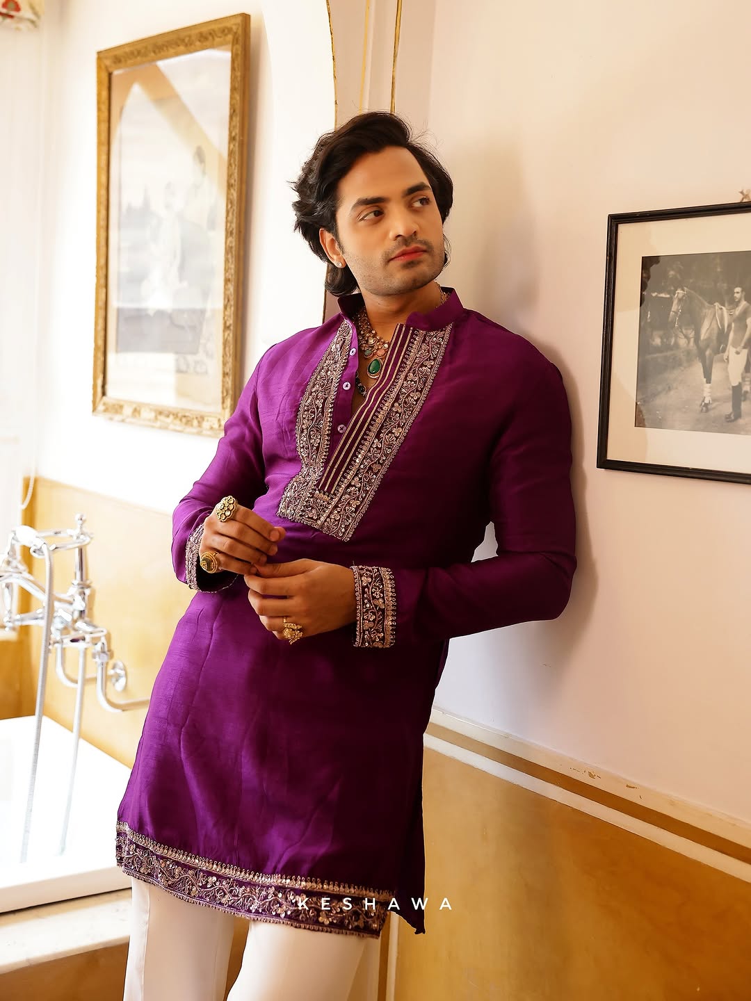Purple Beige Embroidered Kurta for Men