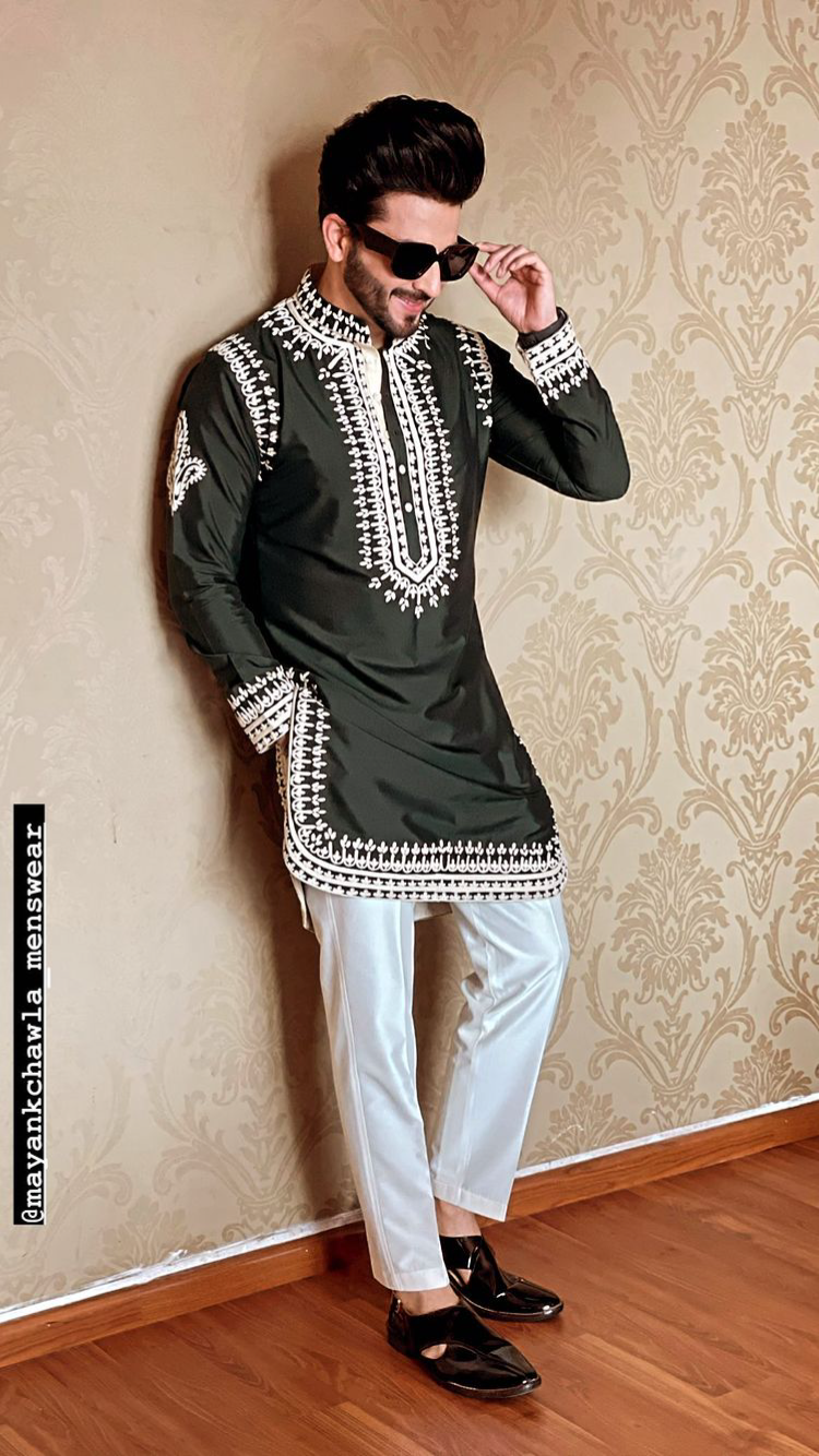 Olive Green Embroidered Kurta Pajama Set