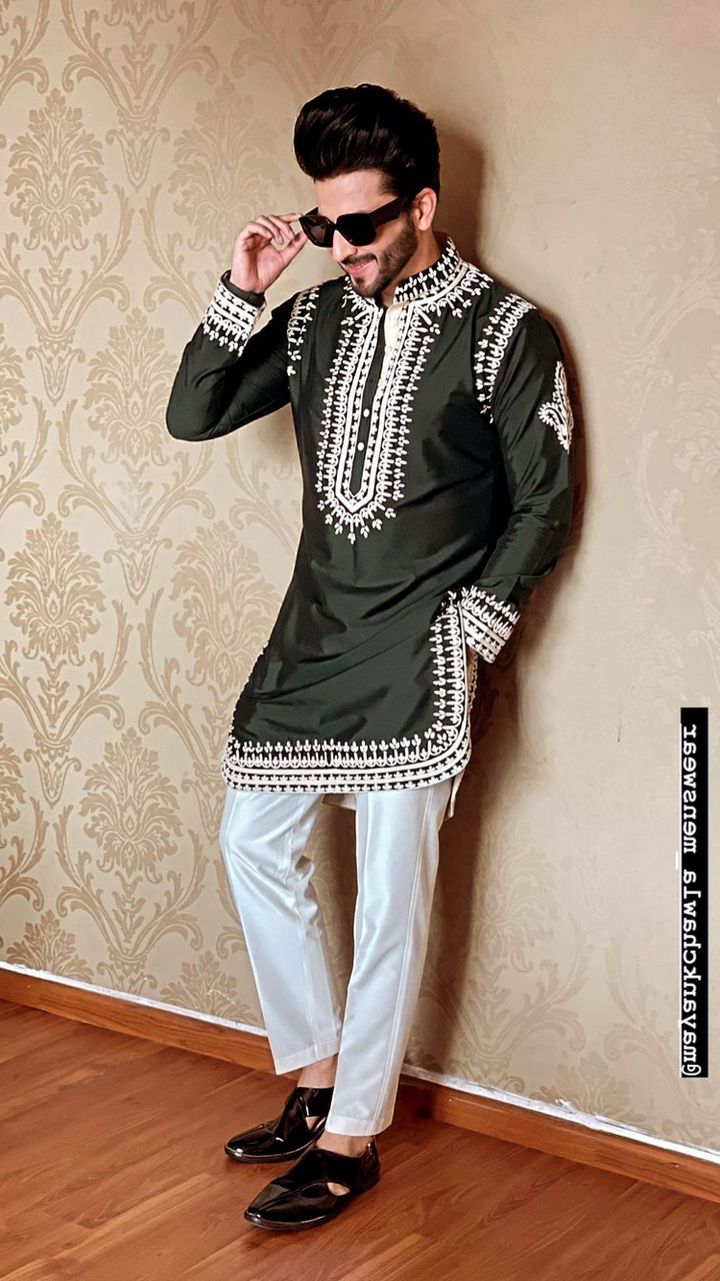 Olive Green Embroidered Kurta Pajama Set