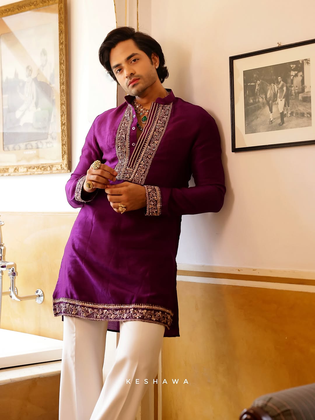 Purple Beige Embroidered Kurta for Men