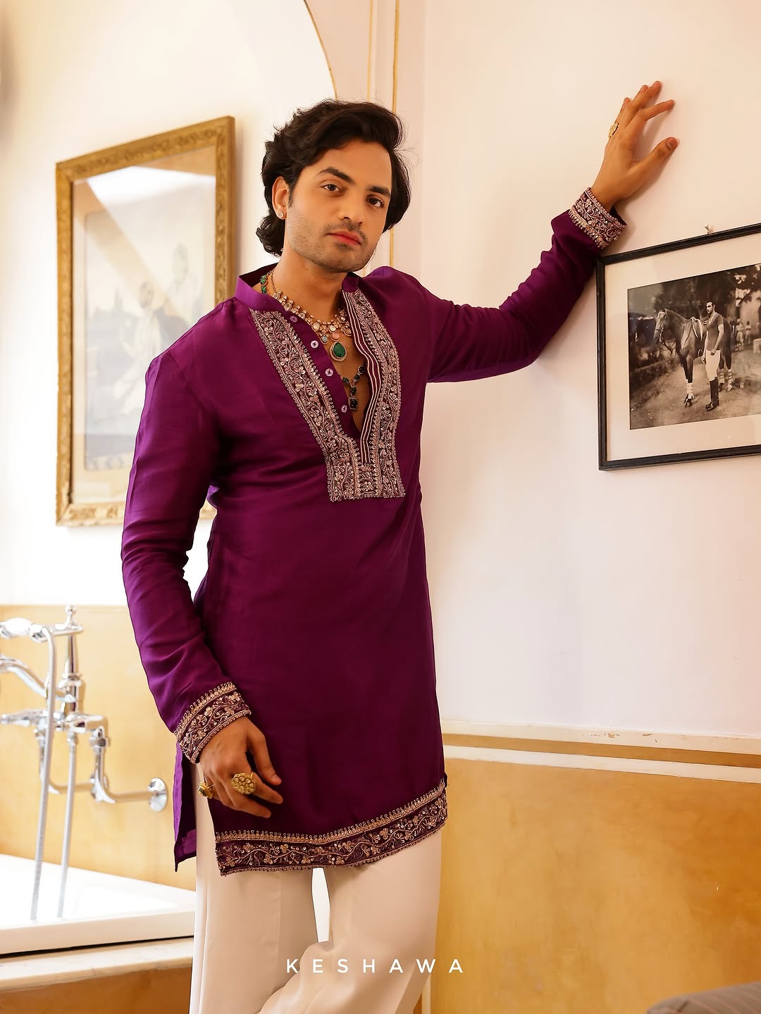 Purple Beige Embroidered Kurta for Men