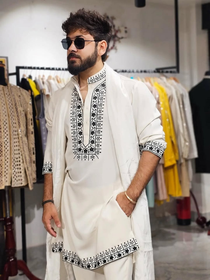 White Hand-Embroidered Art Kurta