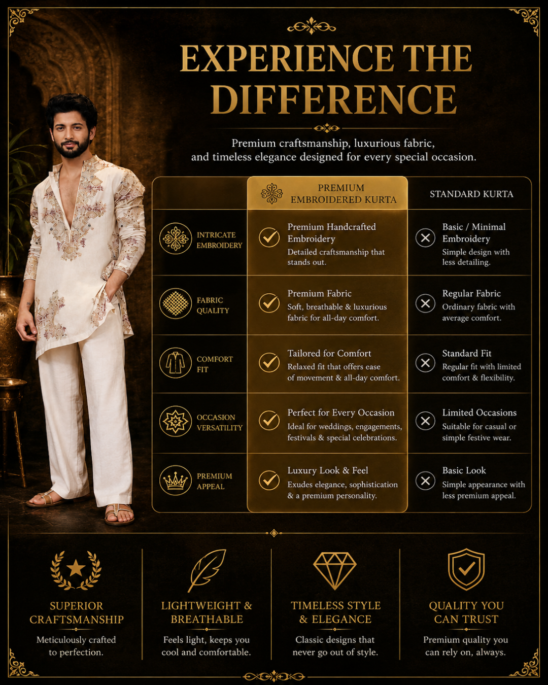 Ivory  Embroidered Kurta pajama Set for Men
