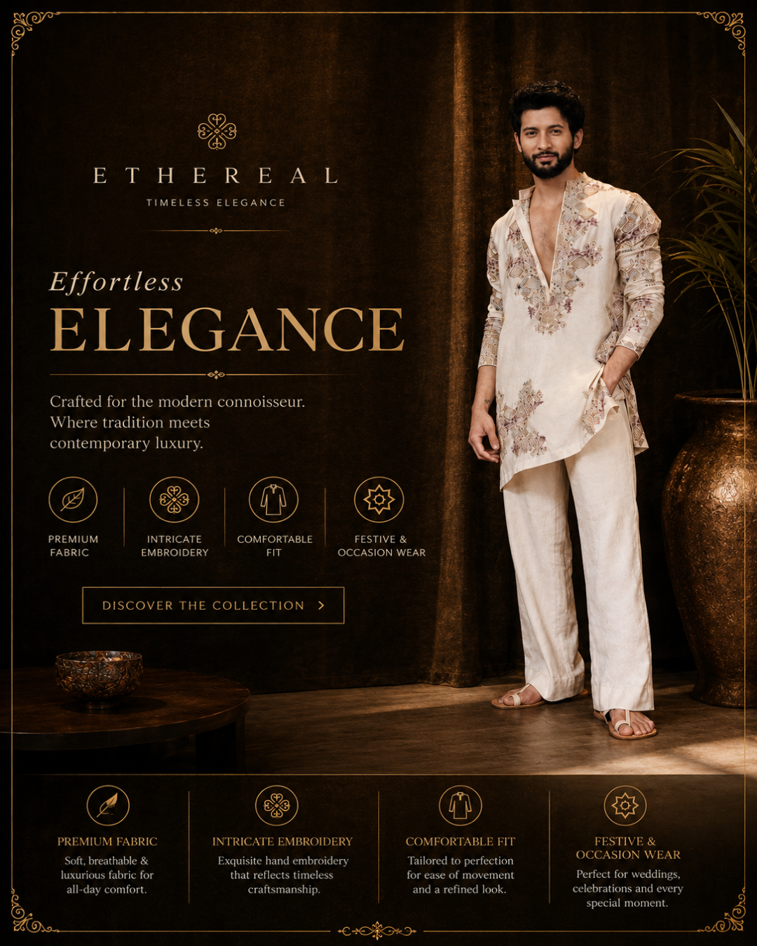 Ivory  Embroidered Kurta pajama Set for Men