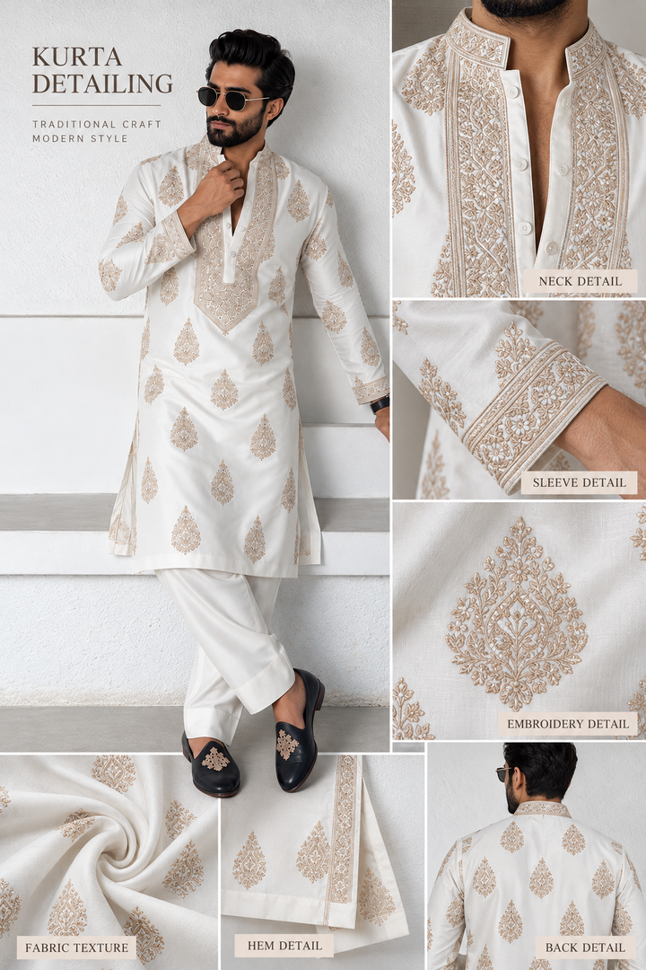Off White Kurta pyjama Set With Embroidery Work