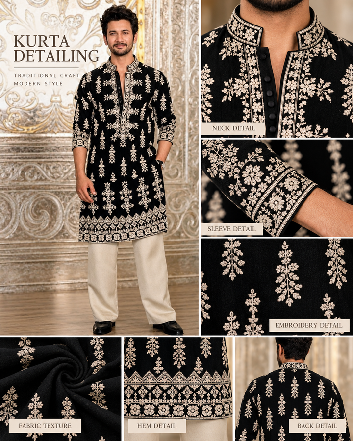 Black Velvet Kurta pyjama With Embroidery