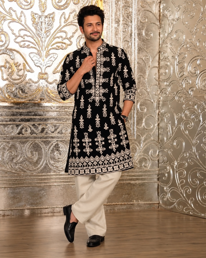 Black Velvet Kurta pyjama With Embroidery