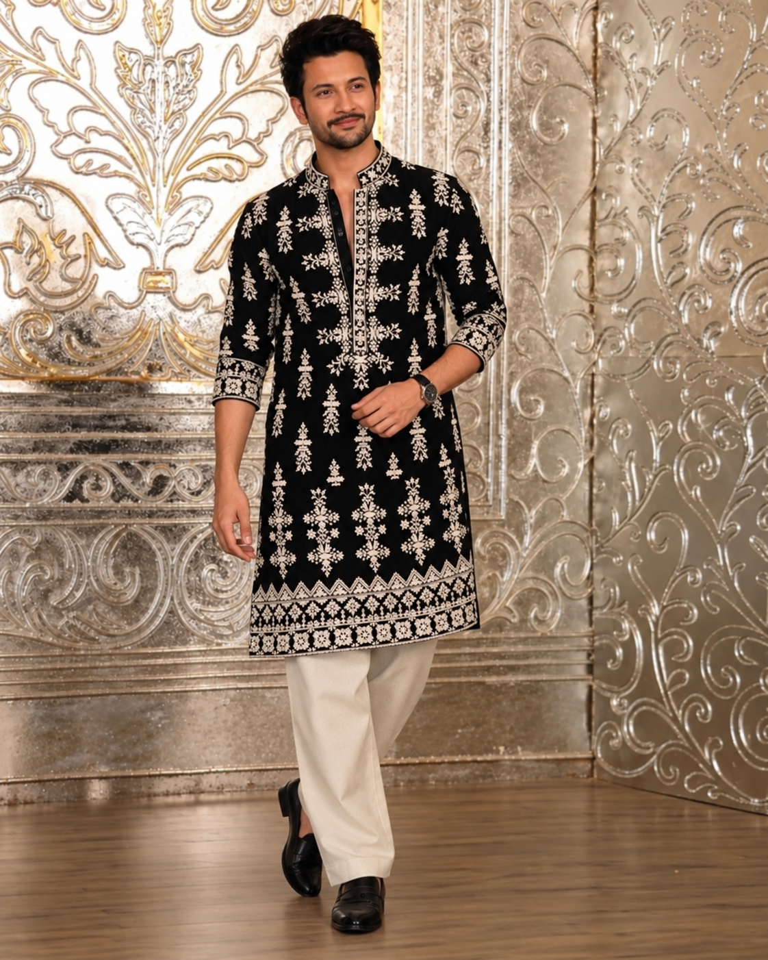 Black Velvet Kurta pyjama With Embroidery