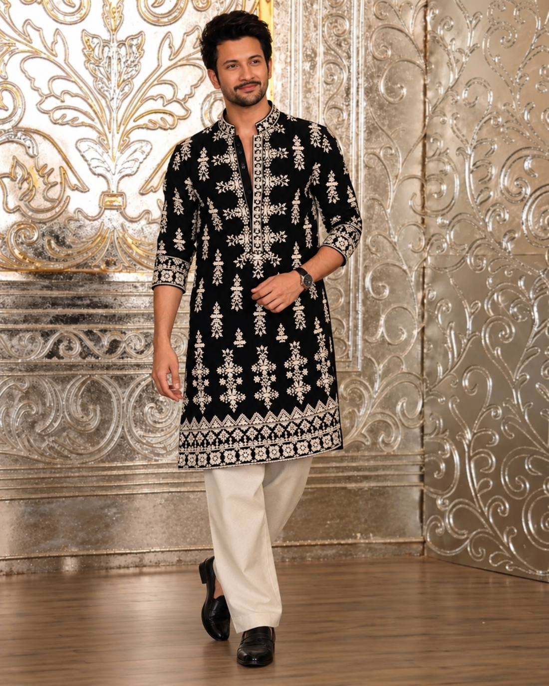 Black Velvet Kurta pyjama With Embroidery