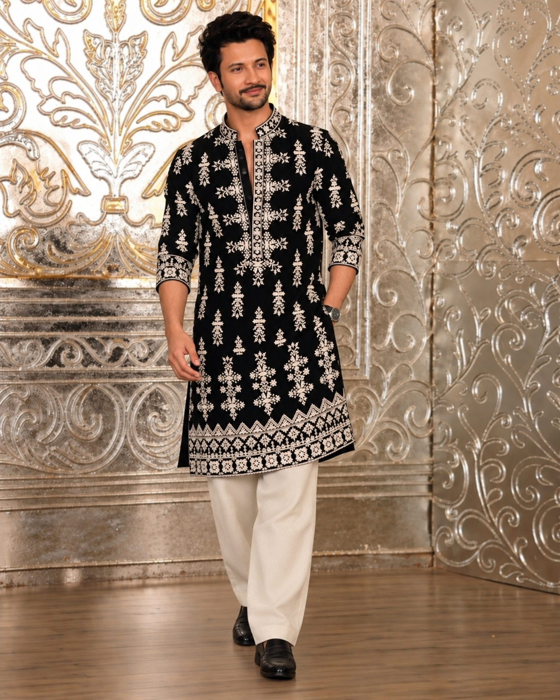Black Velvet Kurta pyjama With Embroidery