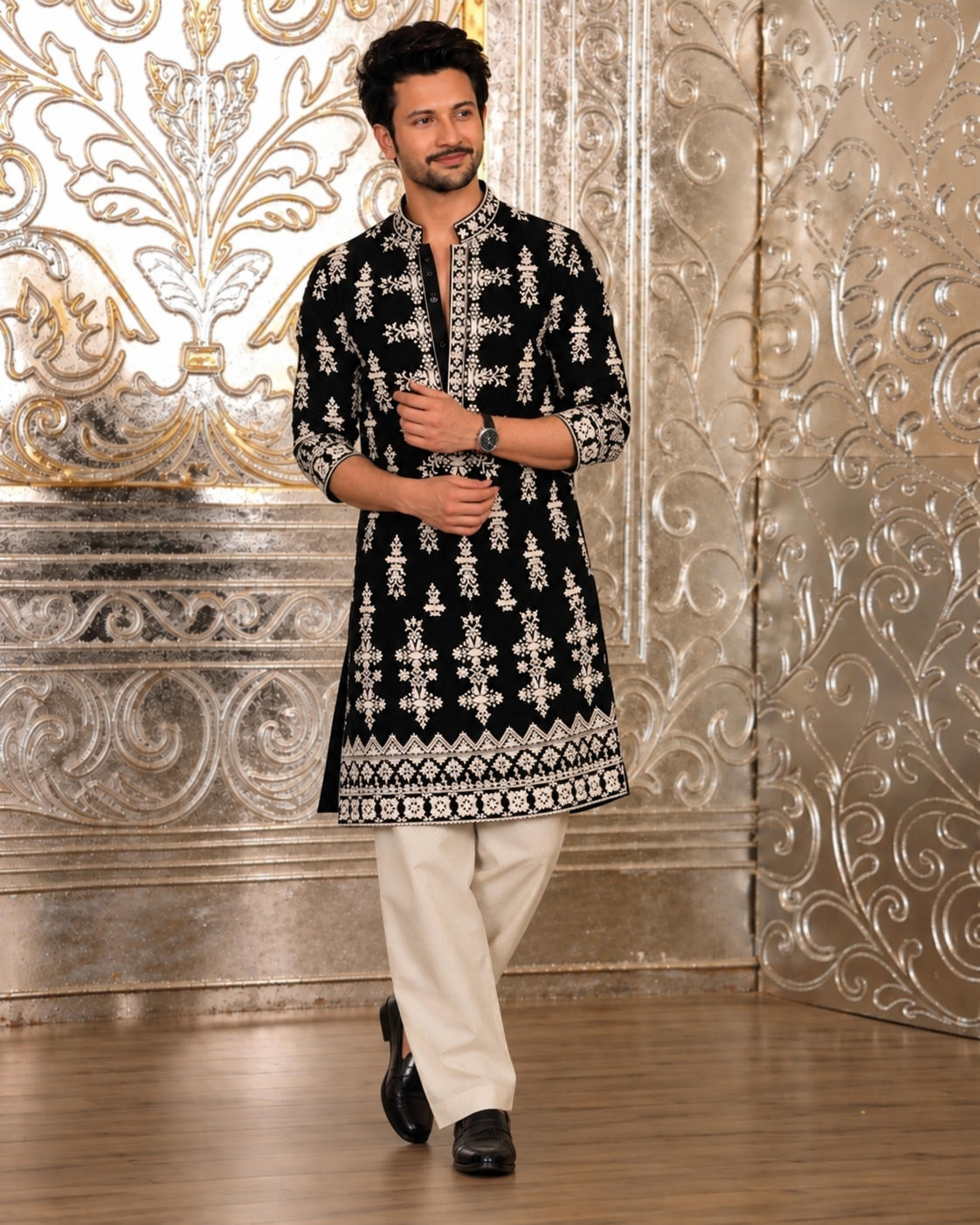 Black Velvet Kurta pyjama With Embroidery