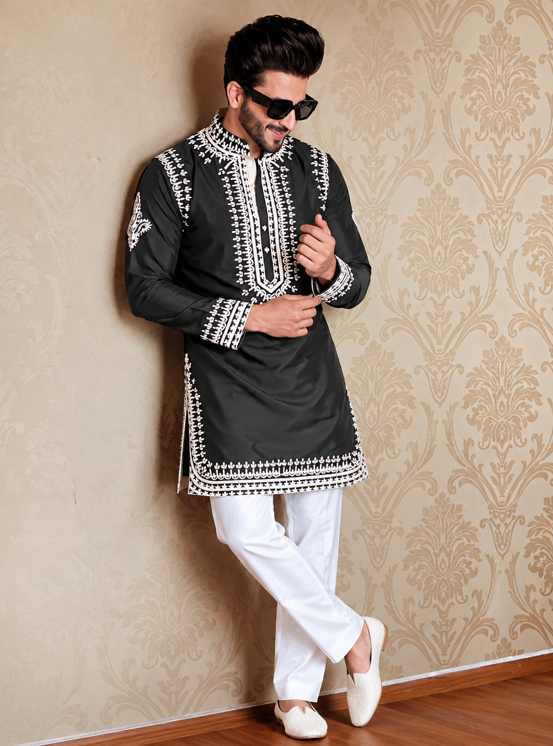 Olive Green Embroidered Kurta pyjama Set