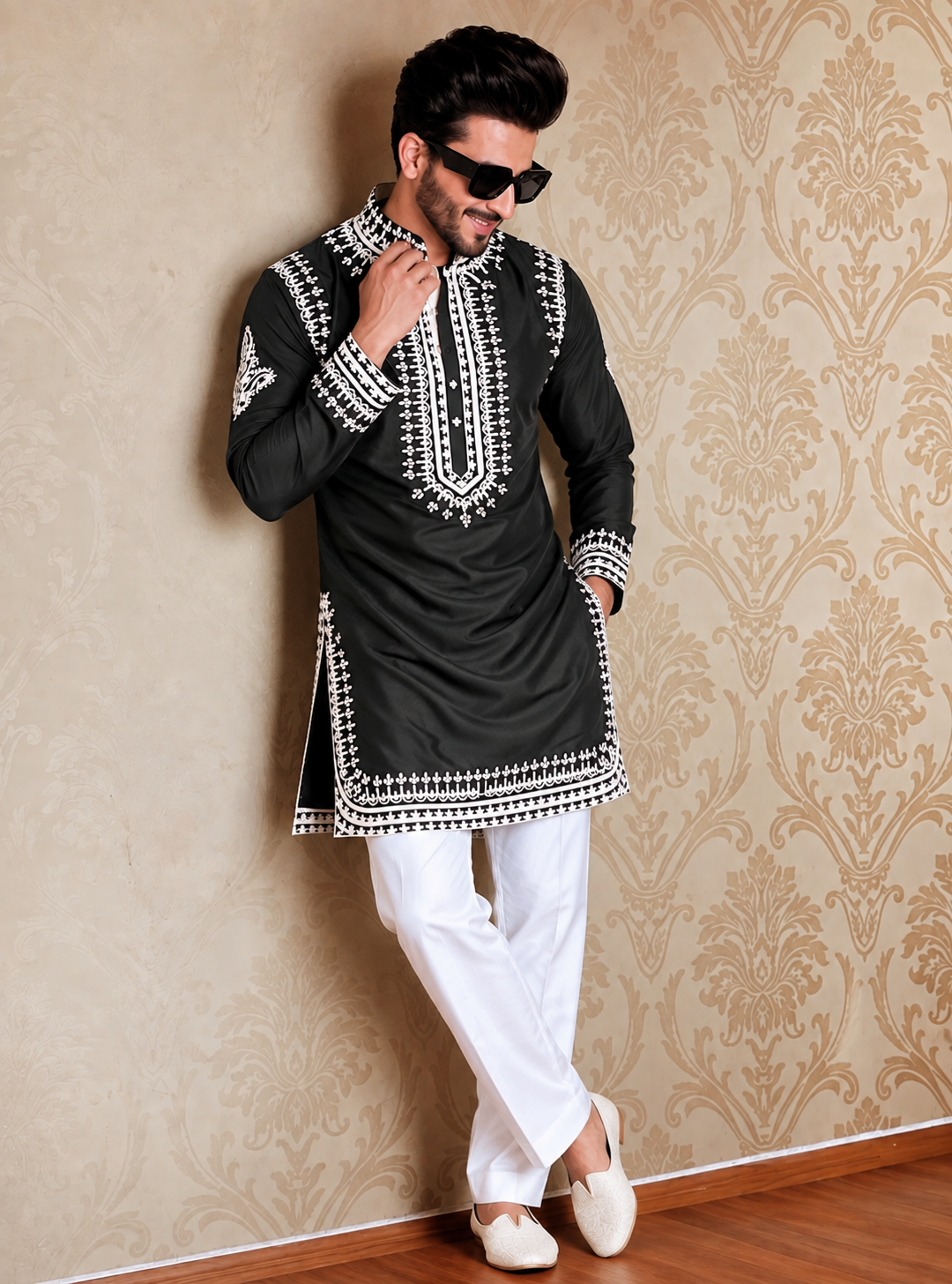 Olive Green Embroidered Kurta pyjama Set
