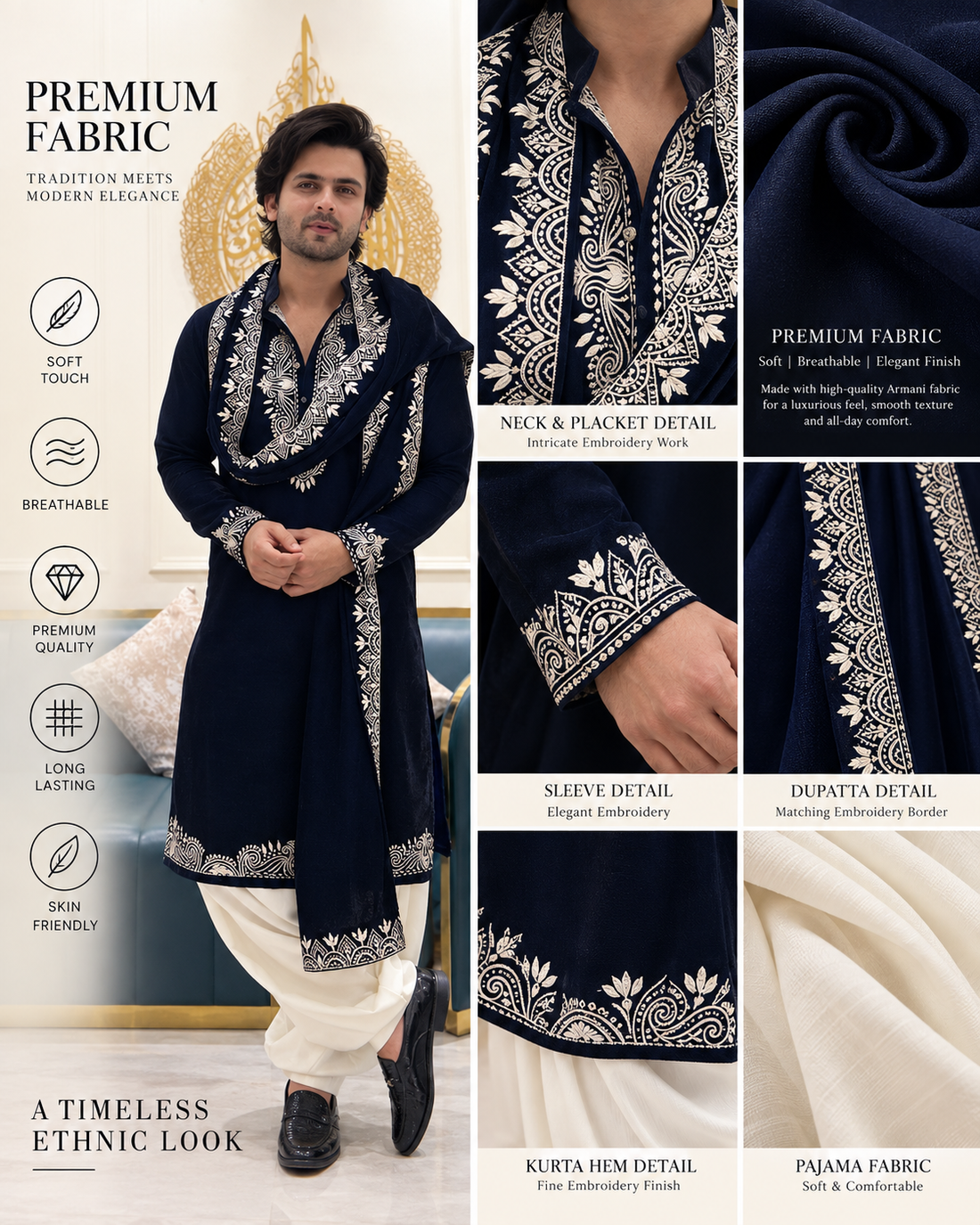 Black Kurta Cream pyjama With Dupatta Embroidery