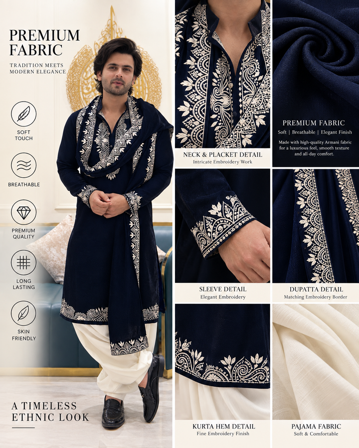 Black Kurta Cream pyjama With Dupatta Embroidery
