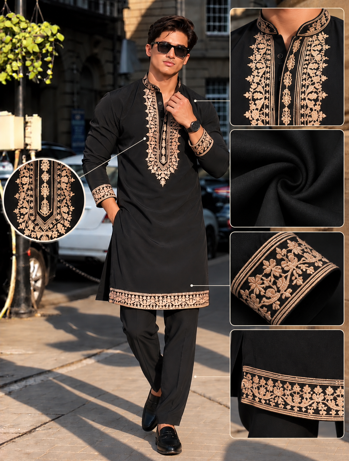 Z Black Royal Kurta Pyjama Set With Embroidery
