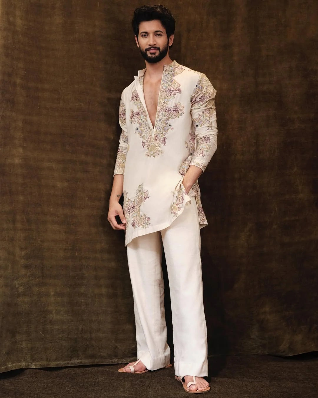 Ivory Embroidered Kurta pyjama Set For Men