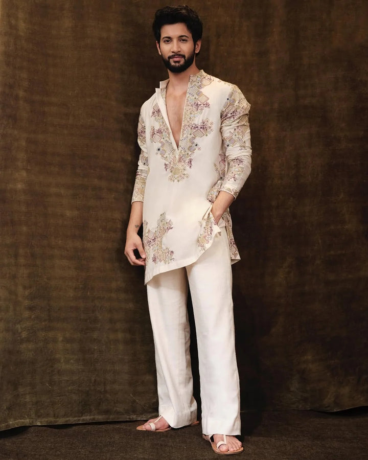 Ivory Embroidered Kurta pyjama Set For Men