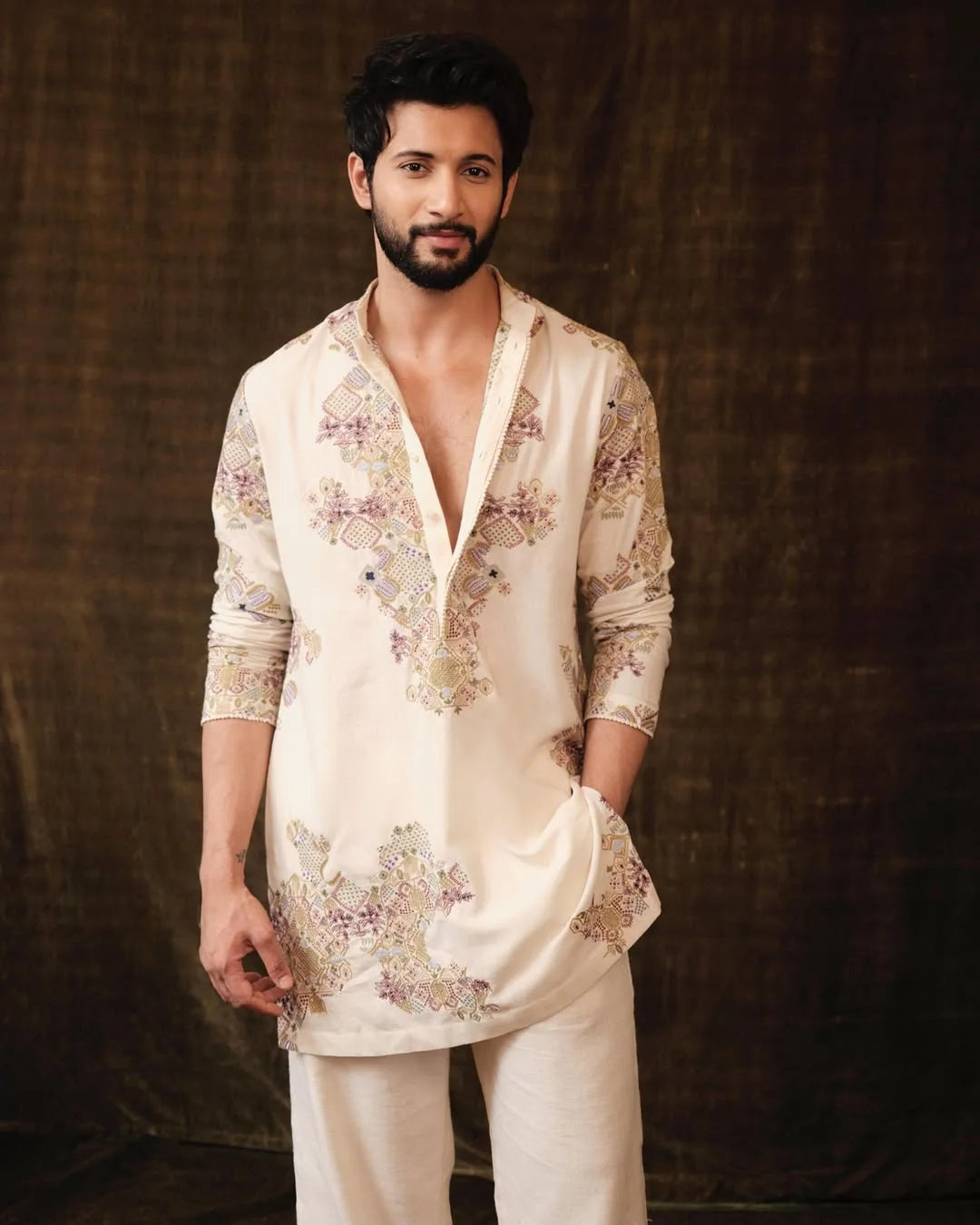 Ivory Embroidered Kurta pyjama Set For Men