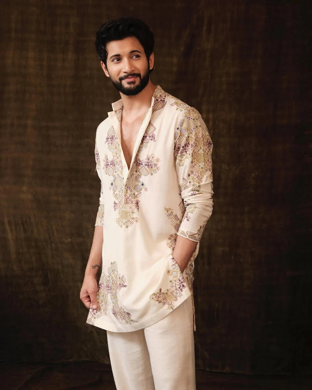 Ivory Embroidered Kurta pyjama Set For Men
