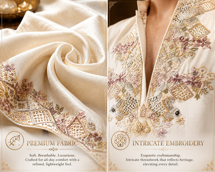 Ivory  Embroidered Kurta pajama Set for Men
