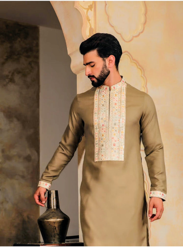 Brown Embroidered Kurta Pajama Set