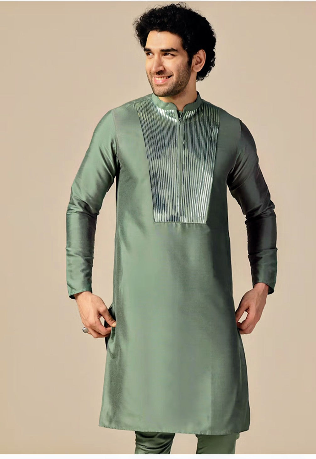 Pista Olive Embroidered Kurta Set
