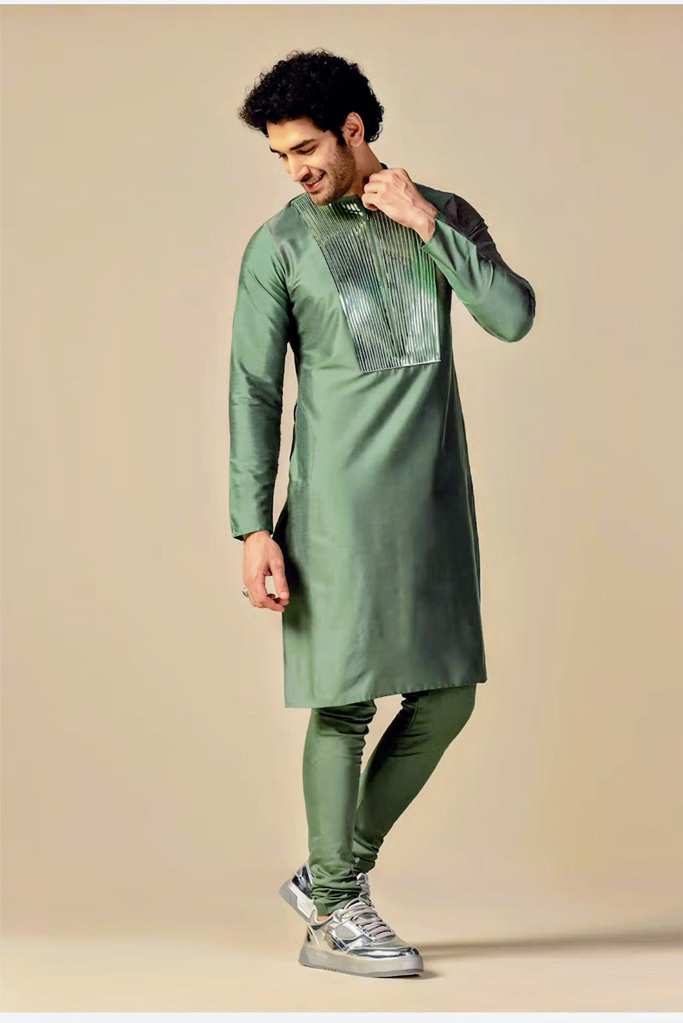 Pista Olive Embroidered Kurta Set