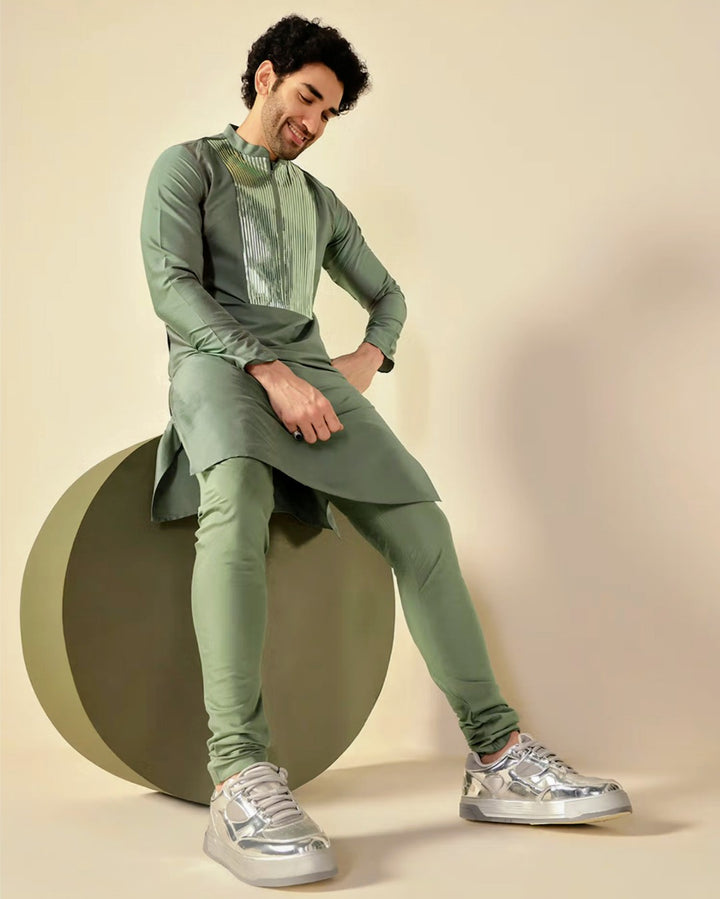 Pista Olive Embroidered Kurta Set
