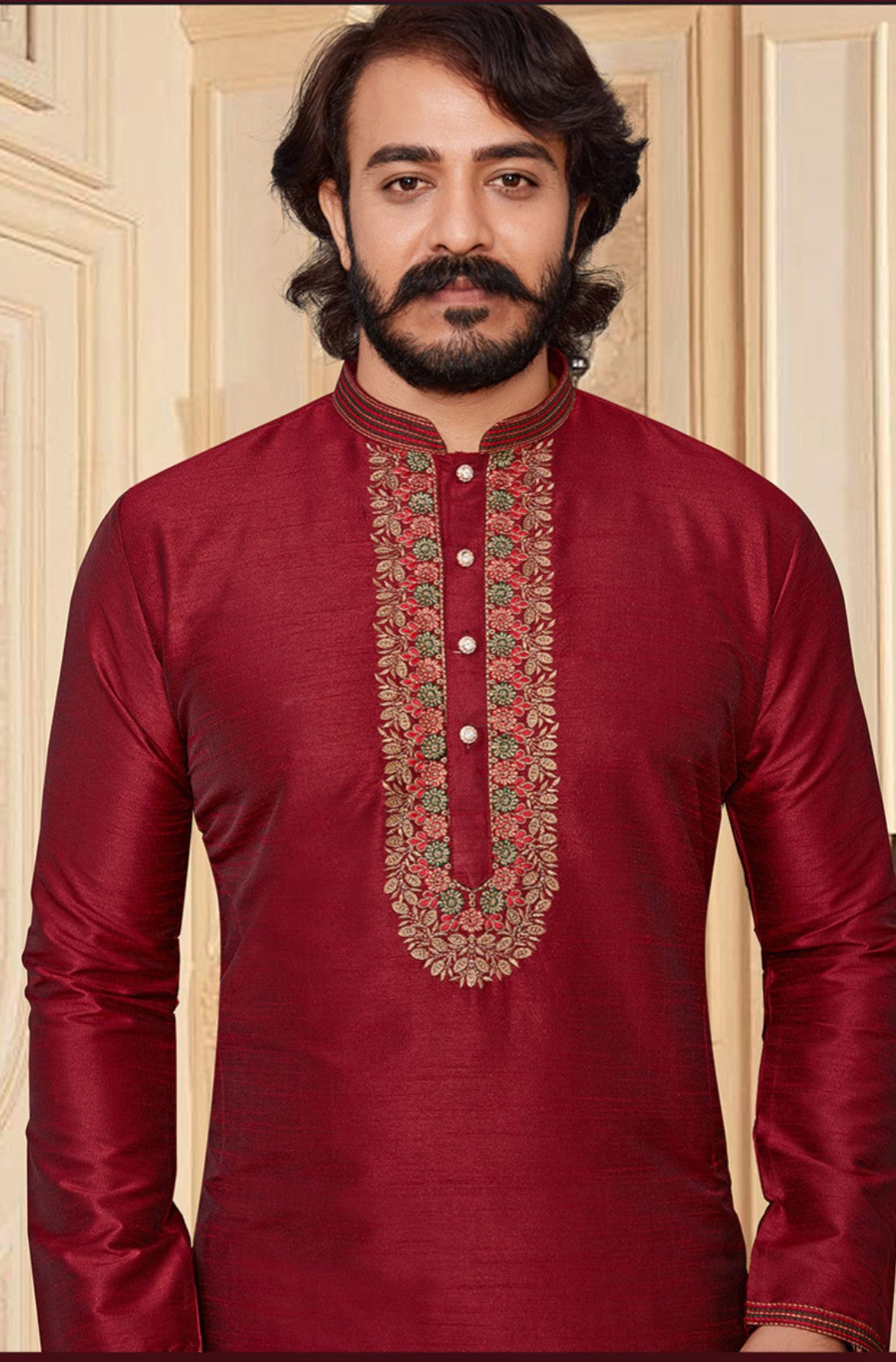 Maroon Embroidered Kurta