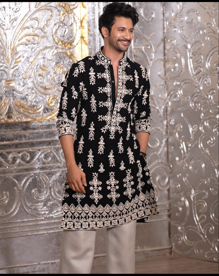 Black With ivory Dori Embroidery Kurta Set