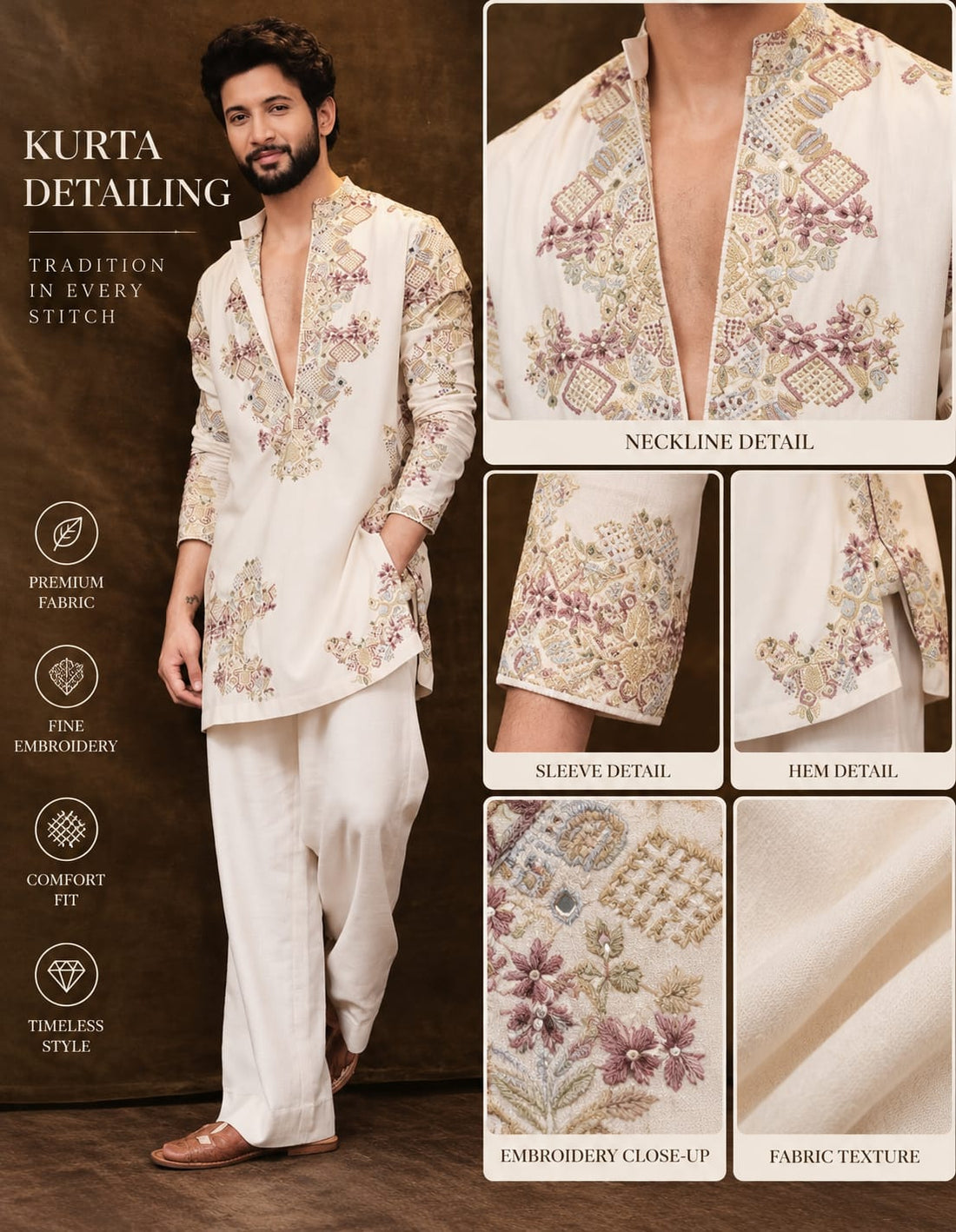 Ivory Embroidered Kurta pyjama Set For Men
