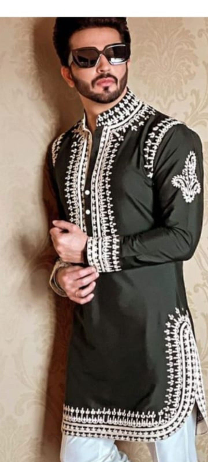 Olive Green Embroidered Kurta Pajama Set