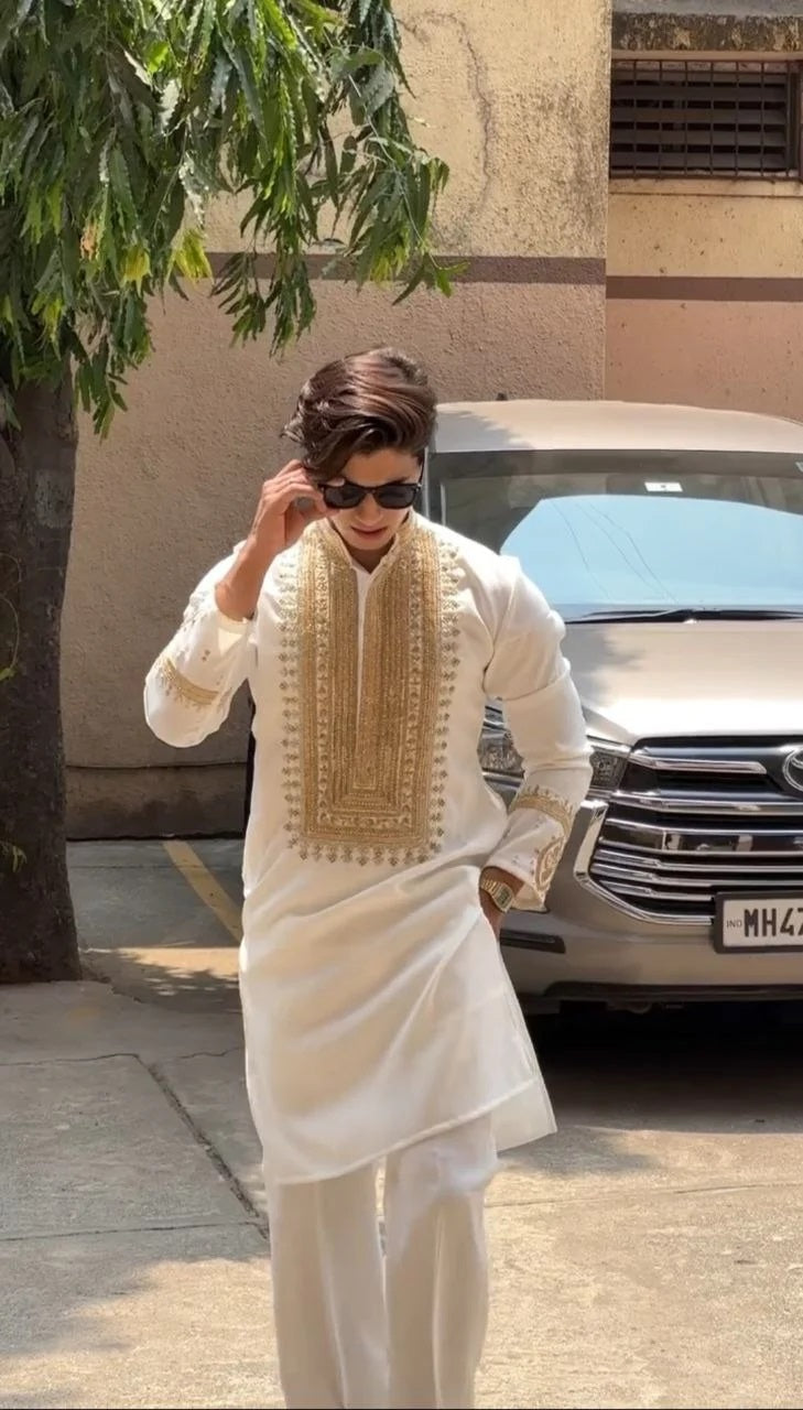 Cream Ivory Silk Kurta Set With Embroidery