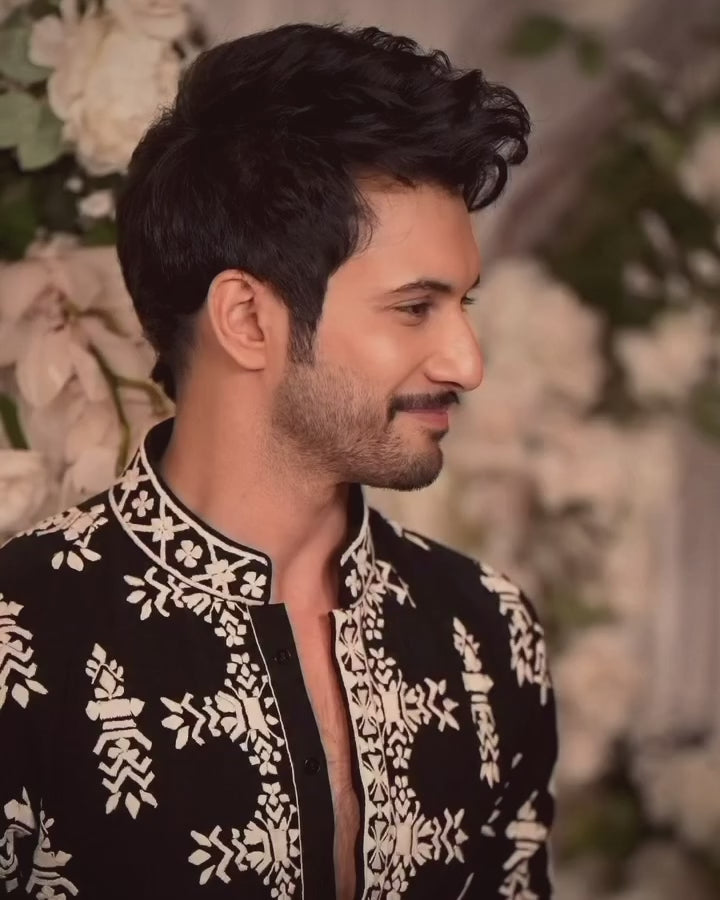 Black With ivory Dori Embroidery Kurta Set