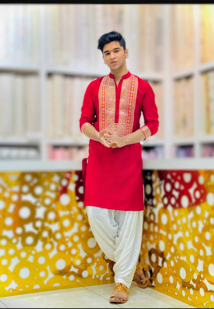 Hot Red Kurta Pajama With Embroidery