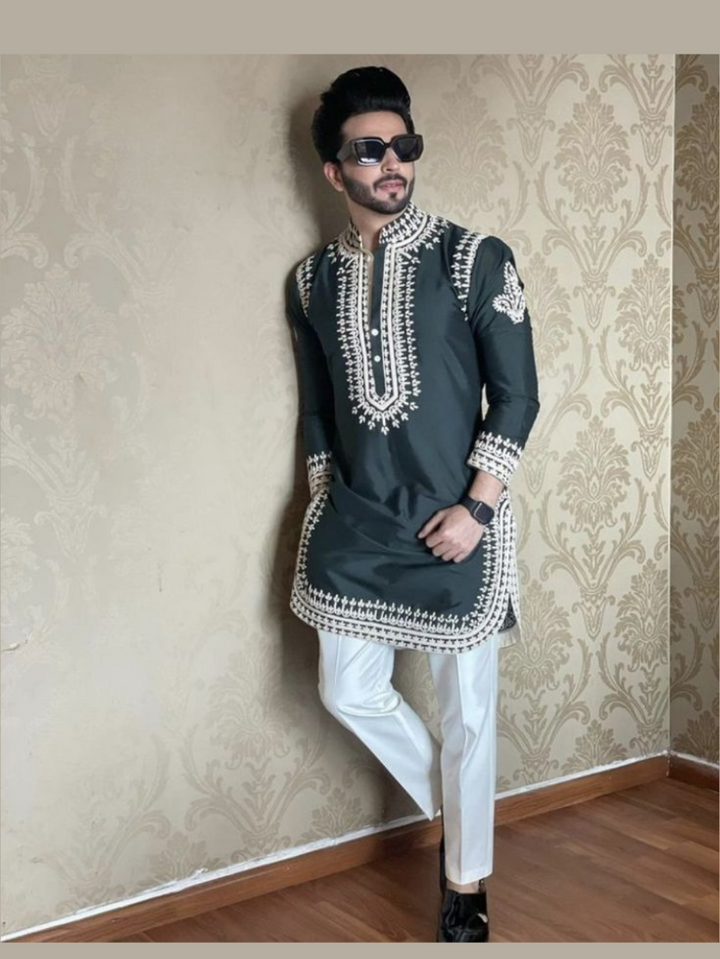 Olive Green Embroidered Kurta Pajama Set