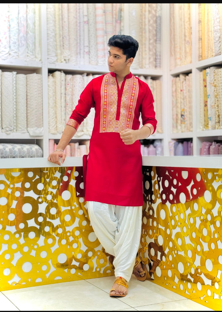 Hot Red Kurta Pajama With Embroidery