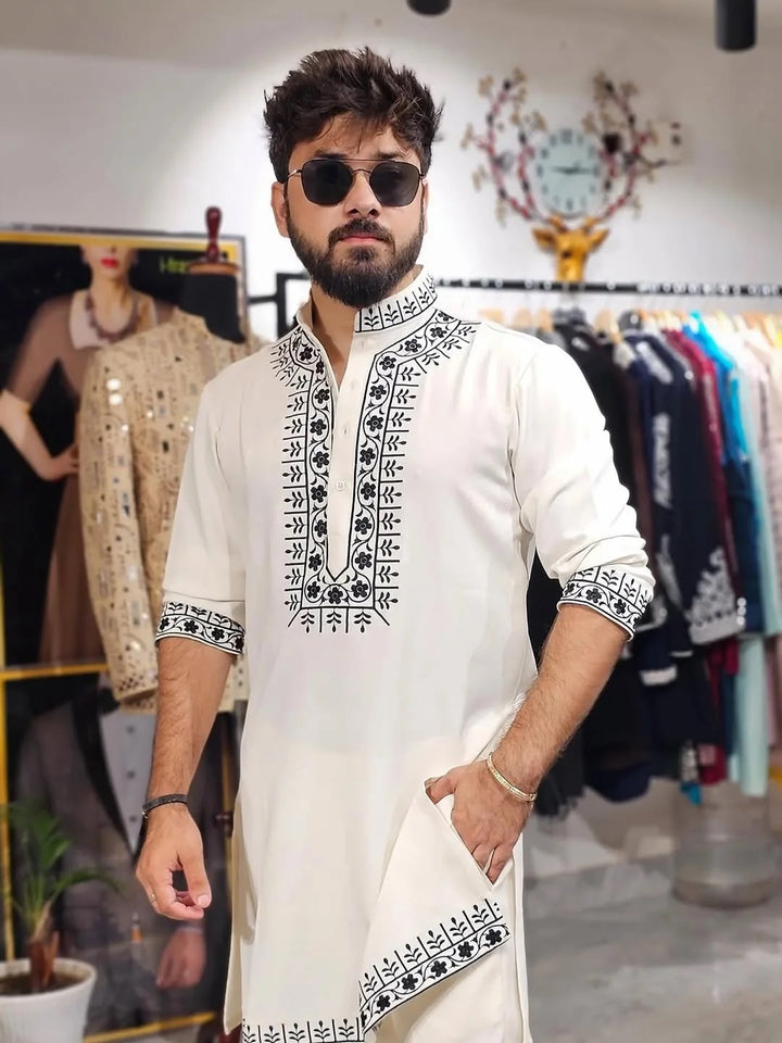 White Hand Embroidery Cotton Kurta pyjama