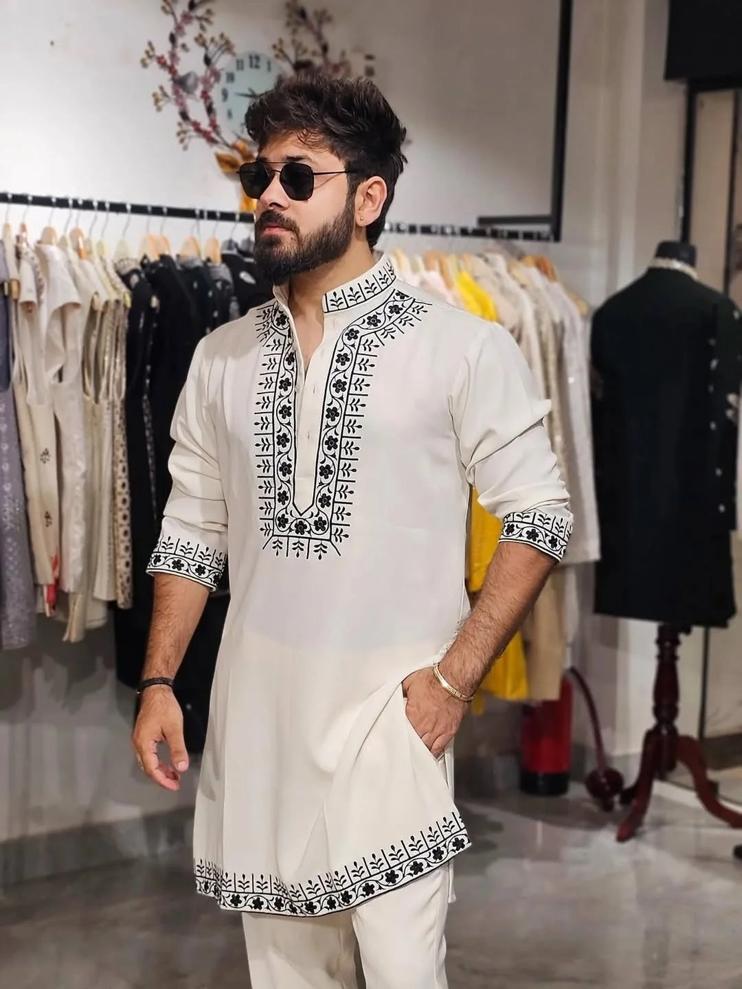 White Hand Embroidery Cotton Kurta pyjama