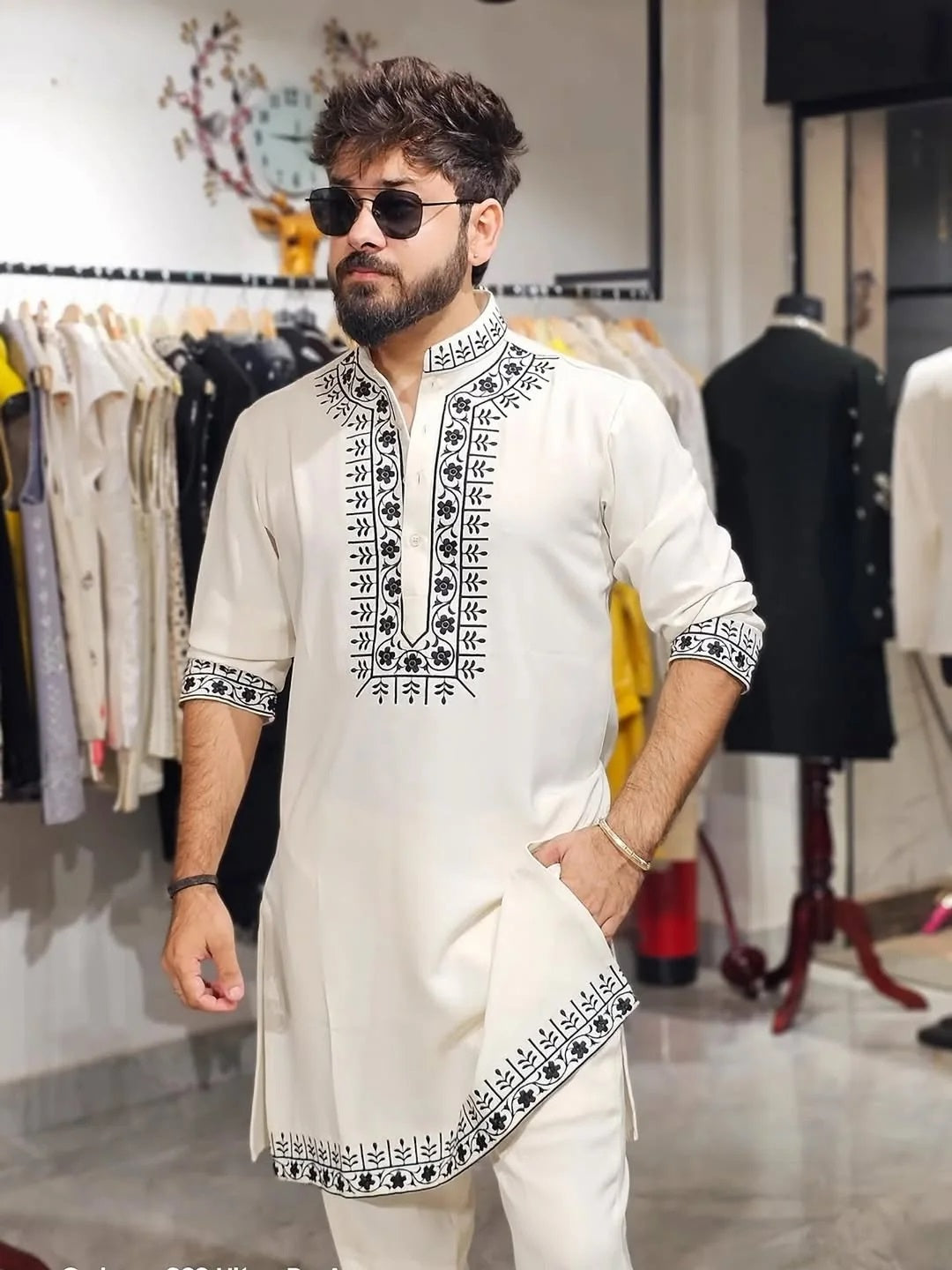White Hand Embroidery Cotton Kurta pyjama