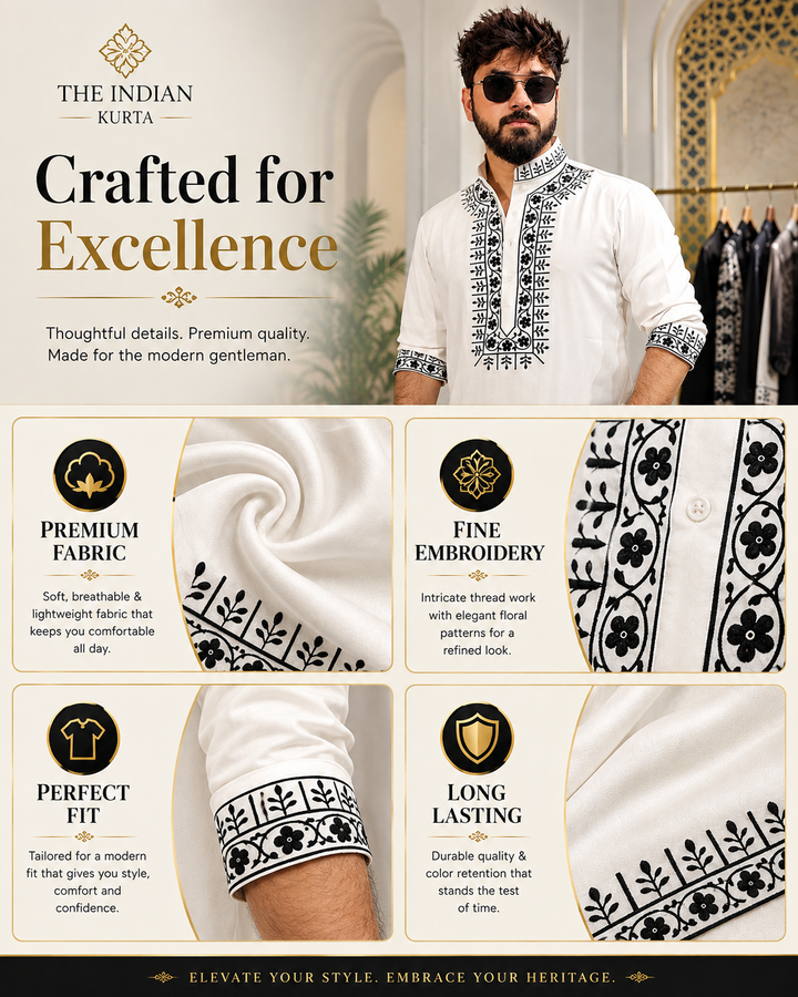 White Hand Embroidery Cotton Kurta pyjama